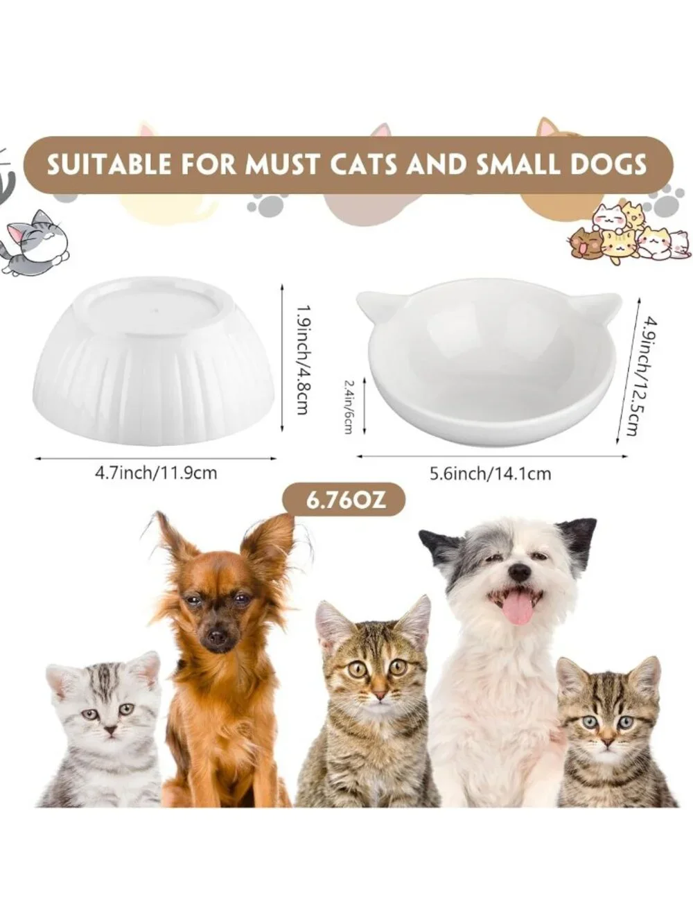 6 Pack Tilted Ceramic Cat Bowls - Anti-Vomiting, Elevated Feeder for Cats